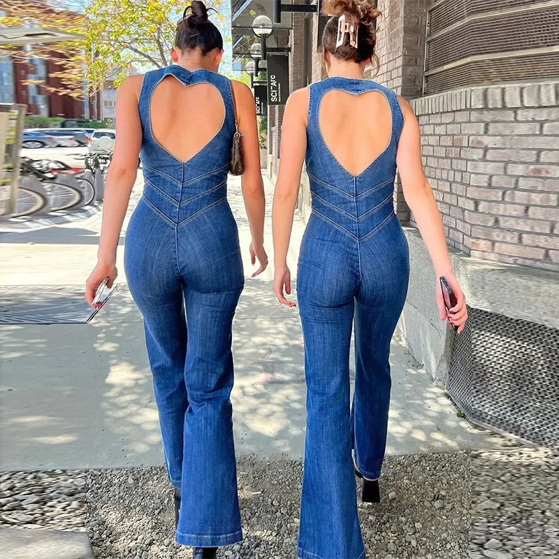 European and American womens slimming fashion sleeveless backless high waisted slightly flared denim jumpsuit wholesale summer 250224