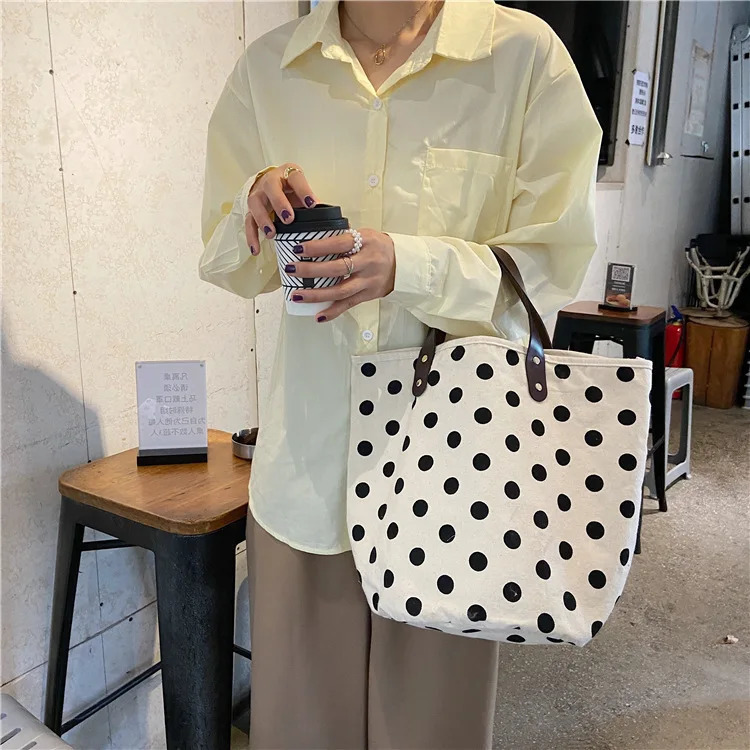 Ship from US French retro polka dot handheld canvas bag bento lunch box bucket for women 250227FBB