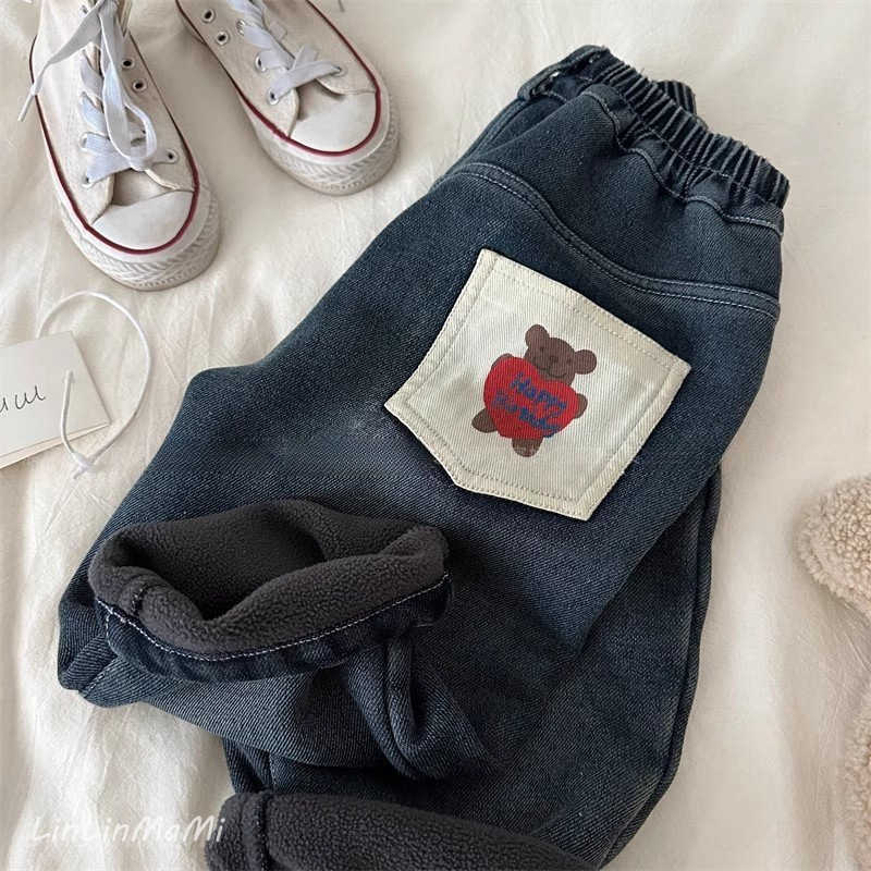 Jeans Childrens Velvet Jeans 2025 Winter Korean Edition New Product Mens and Womens Cartoon Bear Casual Pants Baby Straight Leg PantsY25022782GF