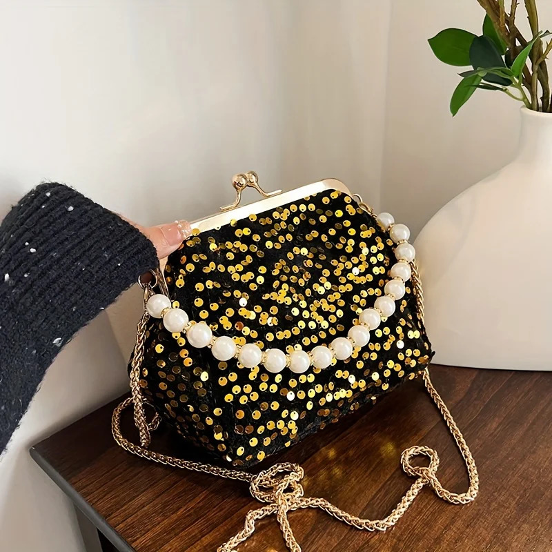 Ship from US Sequins Crossbody Bag Shiny Pearl Handbag Womens Chain Clip Purse For Evening Party Prom Banquet 250227FBB