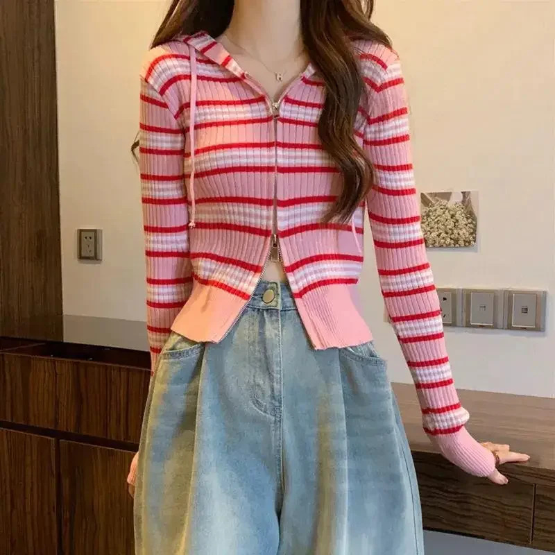 Petite Knitted Cardigan Womens Hooded Long Sleeve Cropped Striped Jacket Autumn 2024 Collection Double Zip Outerwear Sweater 250225