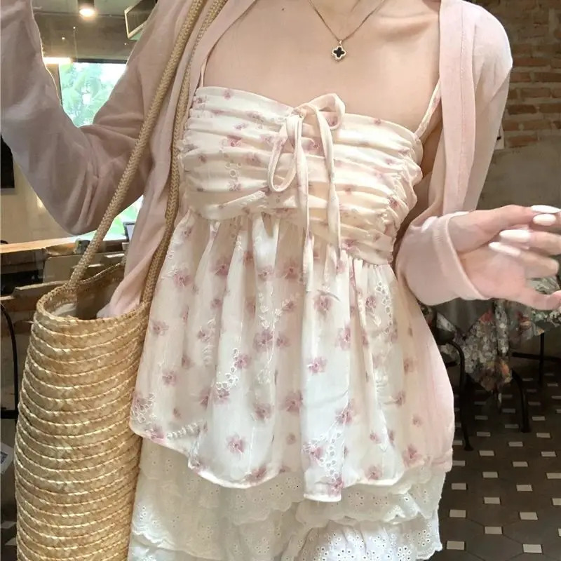 Womens Lace Floral Vest Summer Top Pink frenum Pleated Spice Girl Pure desire Floral Suspenders Summer Inside Vest 250226