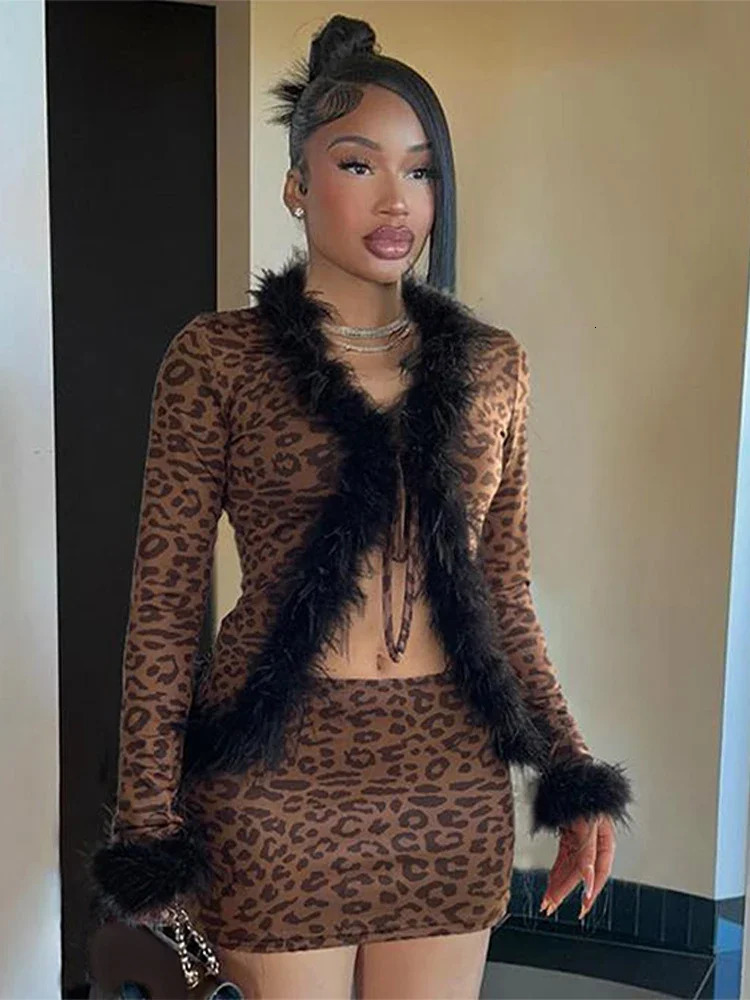 Women Sexy Leopard Print Tops Mini Skirts Sets Furry Edging Crop Top Suits Hip Wrap Skirt 2025 Spring Midnight Club Outfits 250226