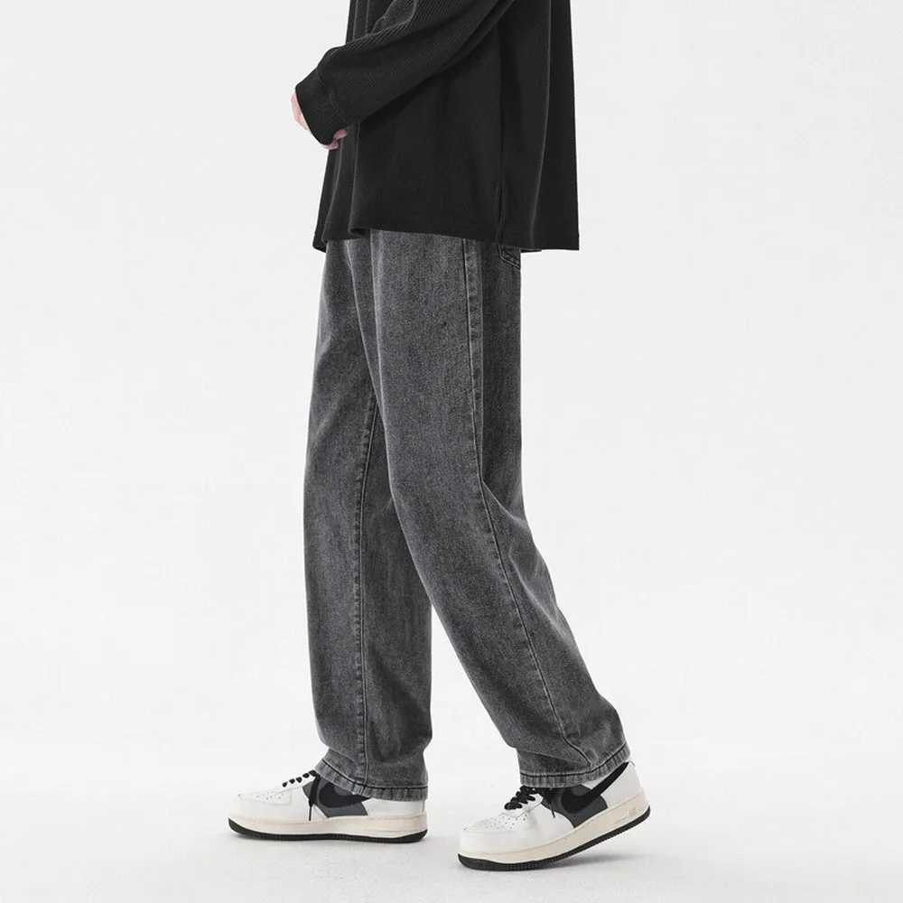 Korean Fashion Mens Casual Ankle-Length Jeans Classic Man Straight Denim Wide-leg Pants Solid Colors Light Blue Grey Black 3XL X250227