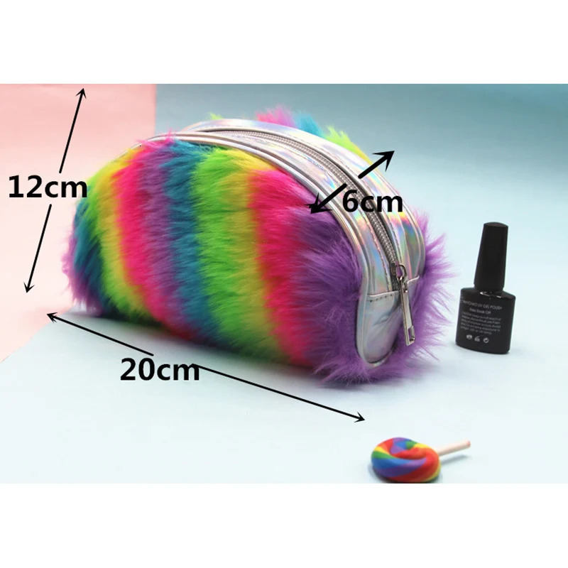 Ship from US Creative Rainbow Color Plush Pencil case Multifunctional Cosmetic Stationery Storage Bag EM88 250227FBB