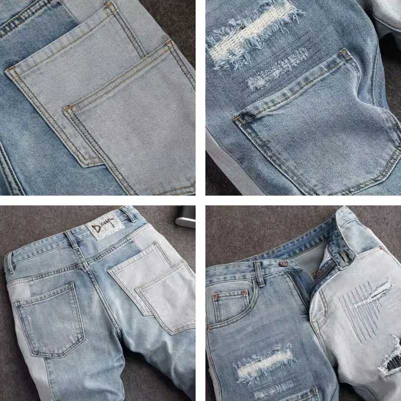 Streetwear Fashion Mens Jeans Retro Light Blue Elastic Slim Fit Ripped Jeans Men Spliced Designer Embroidery Hip Hop Denim Pants X250227