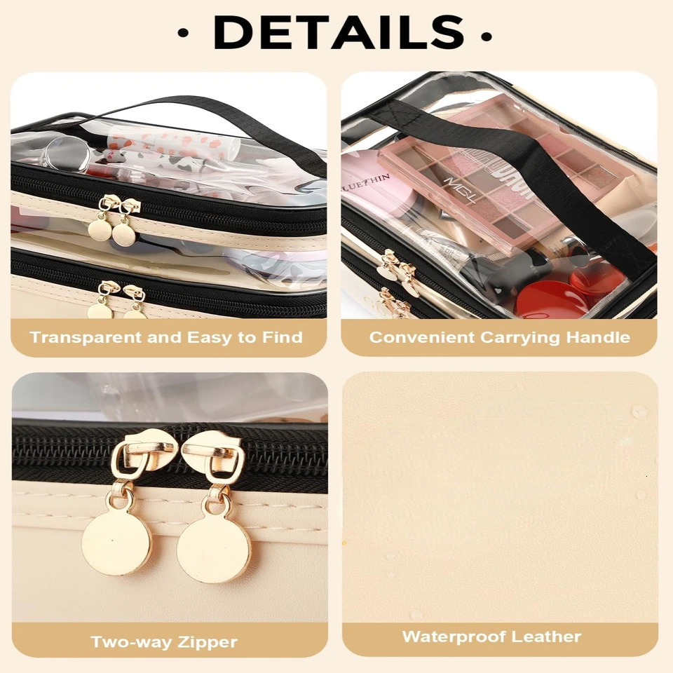Ship from US Beige Leather Double Layer Large Chic Cosmetic Bags Stylish Womens Favorite Beauty Accessory Spacious and Organized Makeup w250227FBB