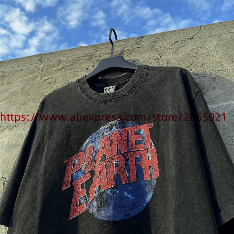PLANET EARTH Vintage Washed TShirts Quality Tear Printing T Shirt Tee Tops 250226