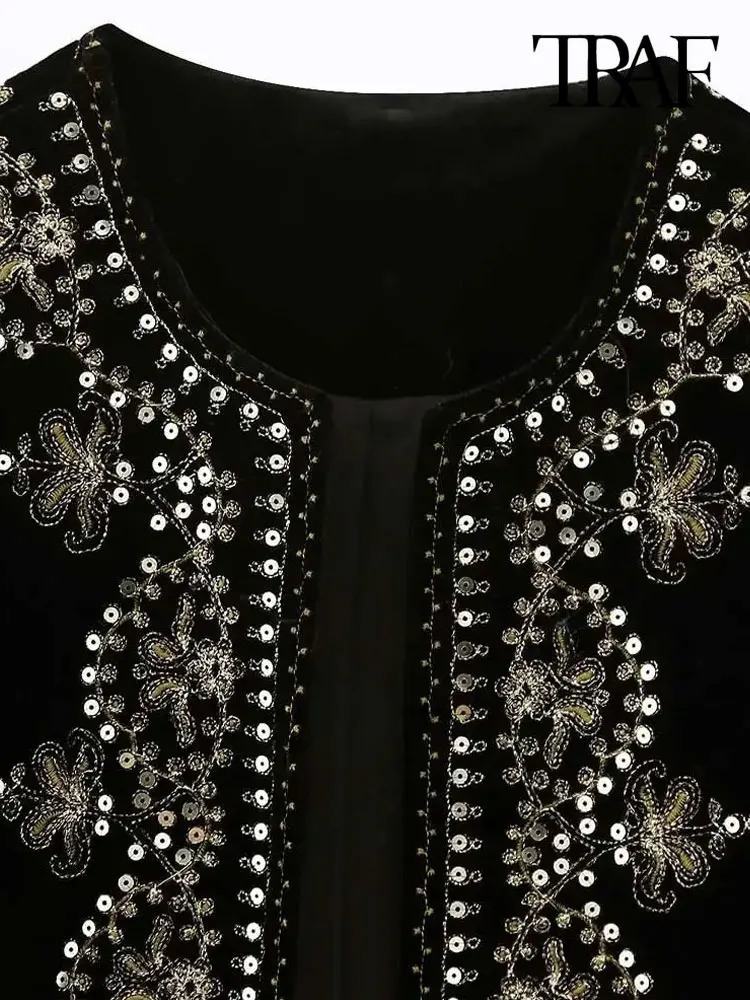 TRAF Women Fashion With Sequin Floral y Crop Waistcoat Vintage O Neck Sleeveless Female Outerwear Chic Vest Tops 250226