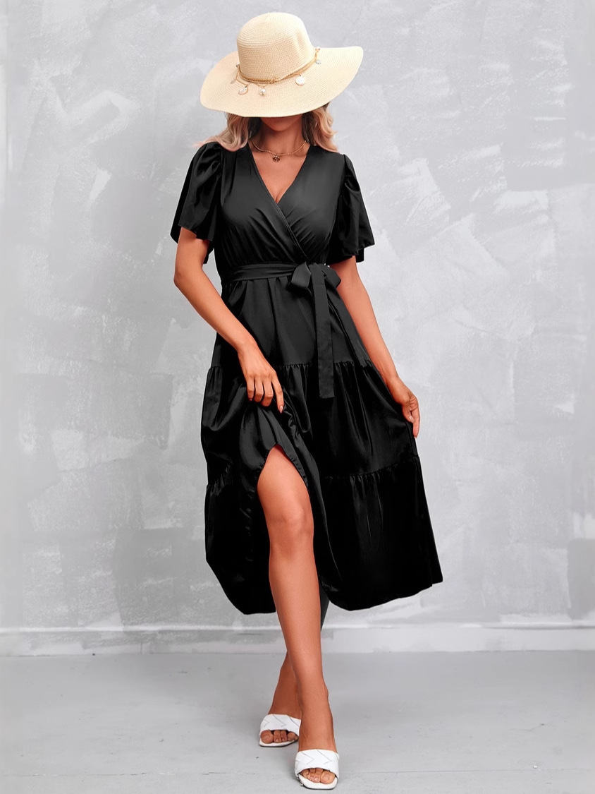 K8145 Popular skirt high-end women's wear V-neck button-lace long skirt temperament high-end French dress