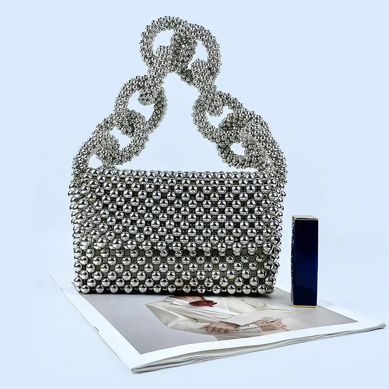 High quality silver acrylic bead night bag with ious n small square womens wedding party shoulder 250226