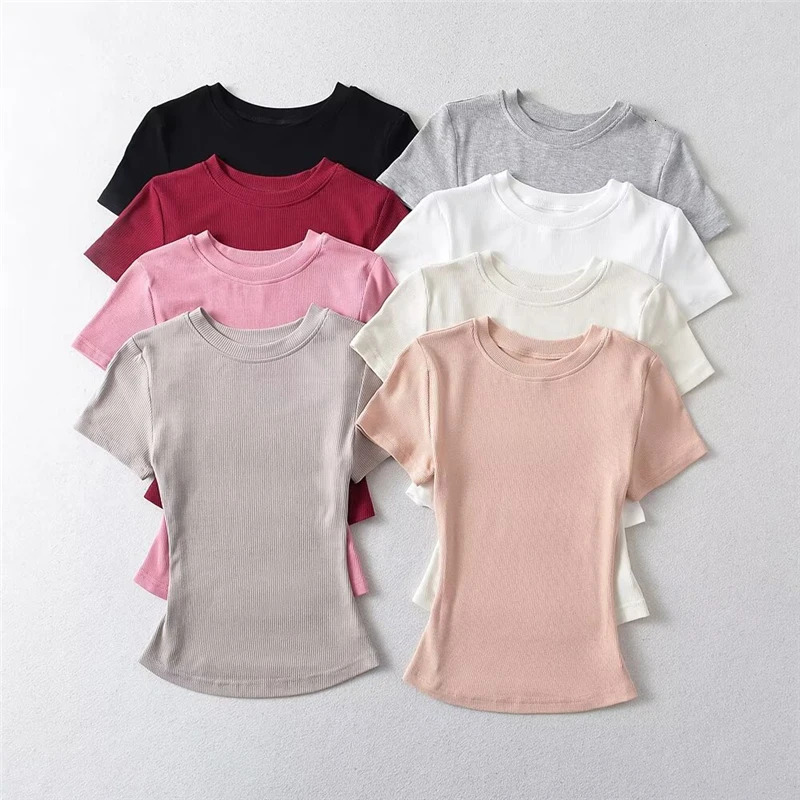 LUNDUNSHIJIA Summer Sexy Women Basic Oneck Short Sleeve Tshirt Ladies Slim Elasticity Cotton Tee Tops 12 Colors 250226