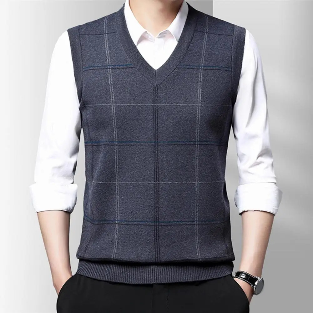 Mens Sleeveless Sweater Vest Cozy Knitted Stylish Midaged Vests Plaid Print Soft Warm for Fall Spring 250225