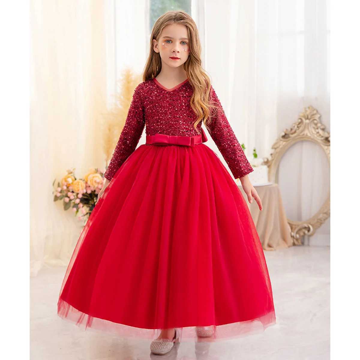 Girl's Dresses Little Big Girls Winter Long Sleeves Sequined Flower Girl Birthday Party Pageant Holiday Long Dress 23822 Y250227A048