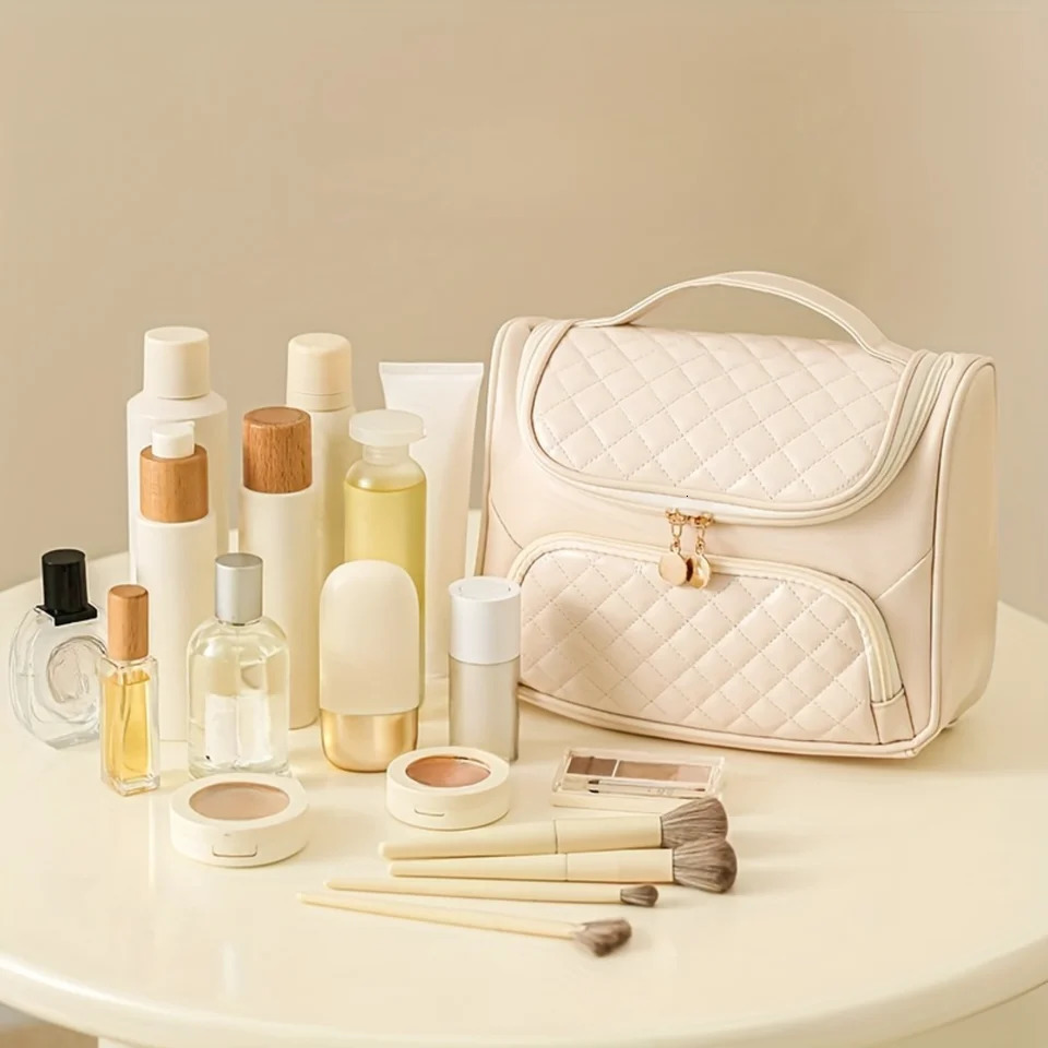 Ship from US Bedding PU makeup bag with hooks portable zipper travel toilet large capacity cosmetics organizer 250227FBB
