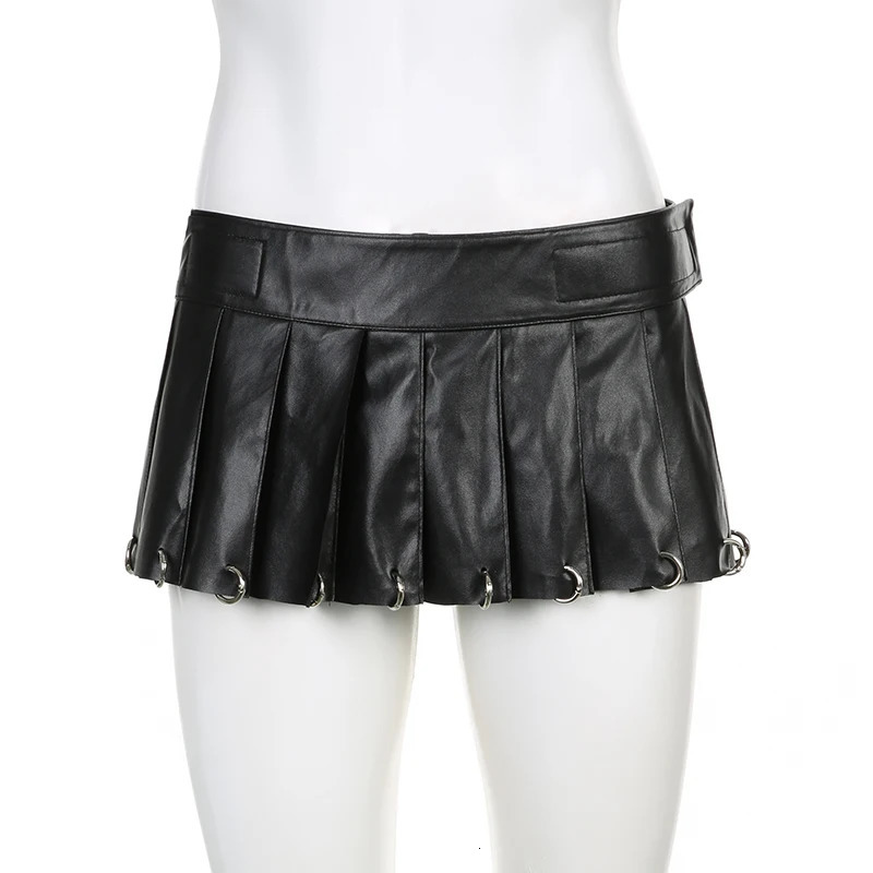 SUCHCUTE Low Rise PU Leather Mini Pleated Skirts Sexy Metal Ring Black Skirt Women Punk Fashion Short Gothic Clubwear Outfits 250226