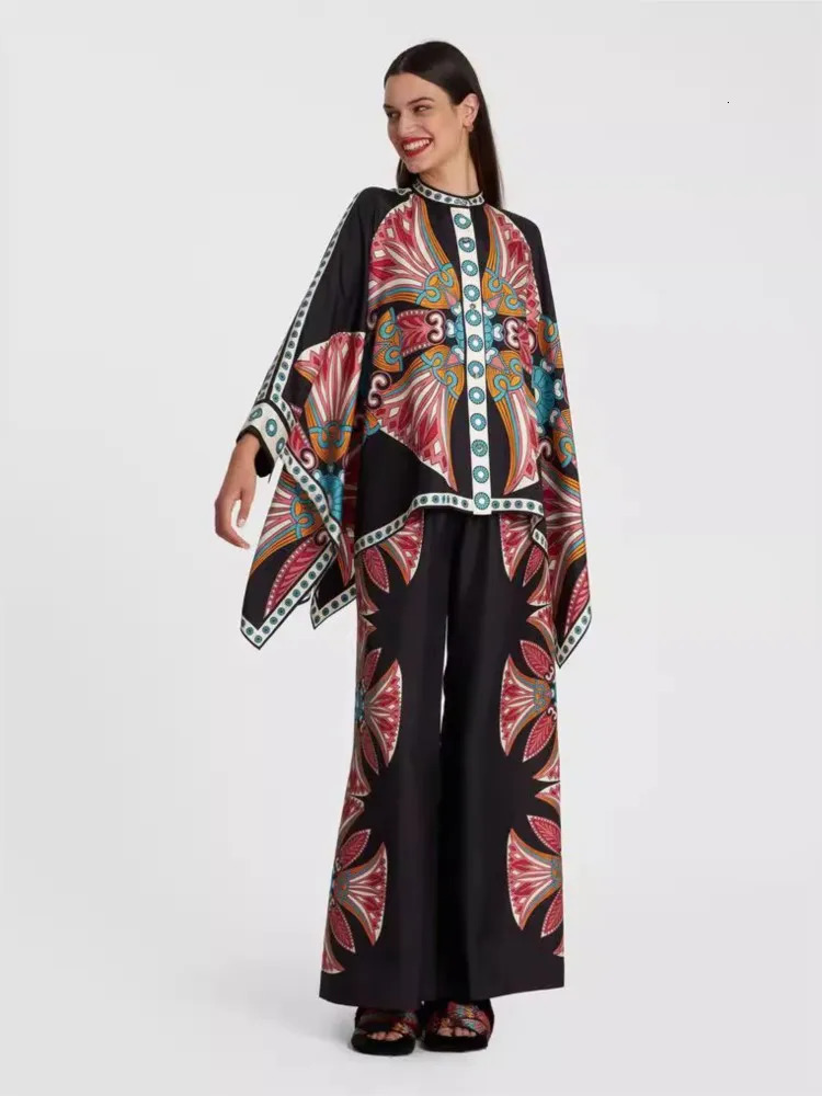 Vintage Print Pants Sets Women Irregular Loose Long Sleeve Shirt Wide Leg Trousers Two Piece Set Female Fashion Trend Streetwear 250226