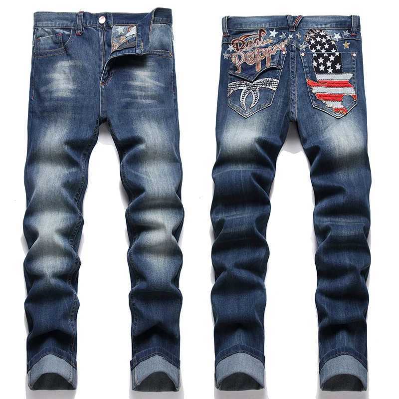 High Street New Denim Jeans Men Blue Embroidered Star Elastic Straight Trousers Embroidered Party Hip Hop Young Male Trousers X250227