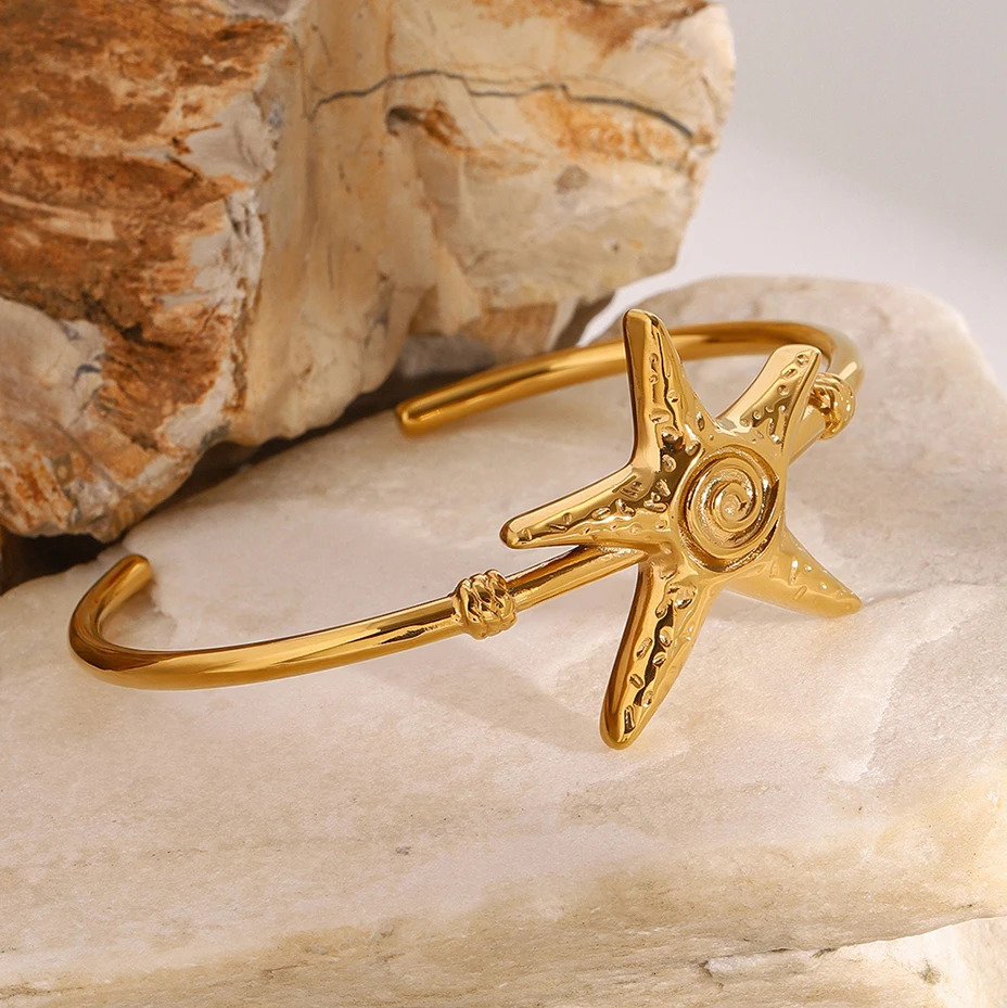 Youthway Gold Plated Stainless Steel Starfish Thread Hammer Pattern Open Bracelet Bangle For Women Bohemia Trendy Jewelry Gift 250227
