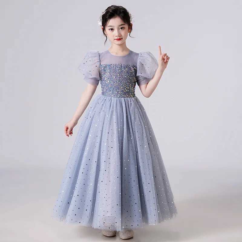 Girl's Dresses Wedding Party Childrens Summer Girls Dress Sparkling Princess Puff Sleeve Mesh Dress Girls Clothing Childrens Dress 4-14 Years Y25