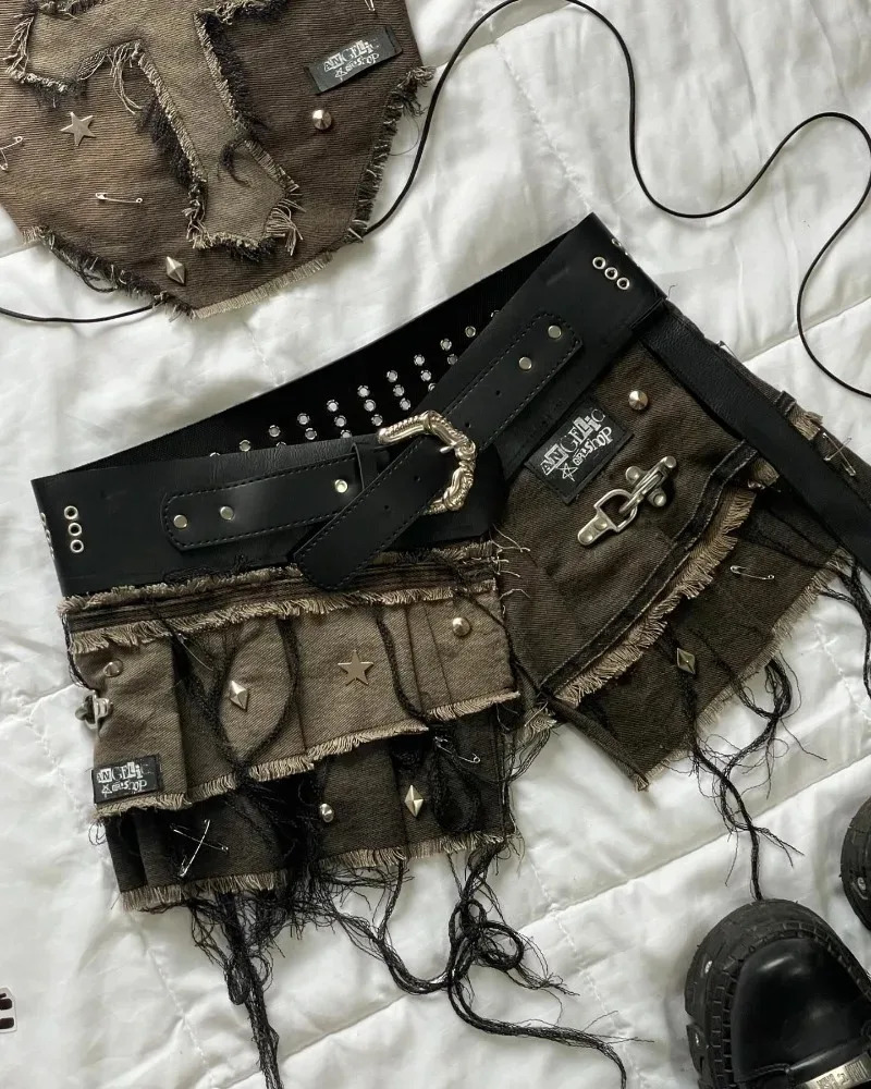 American Fashion Cross Embroidery Patch Short Suit Female Y2K Harajuku Style Sexy Spice Slim Denim Skirt Streetwear 250226