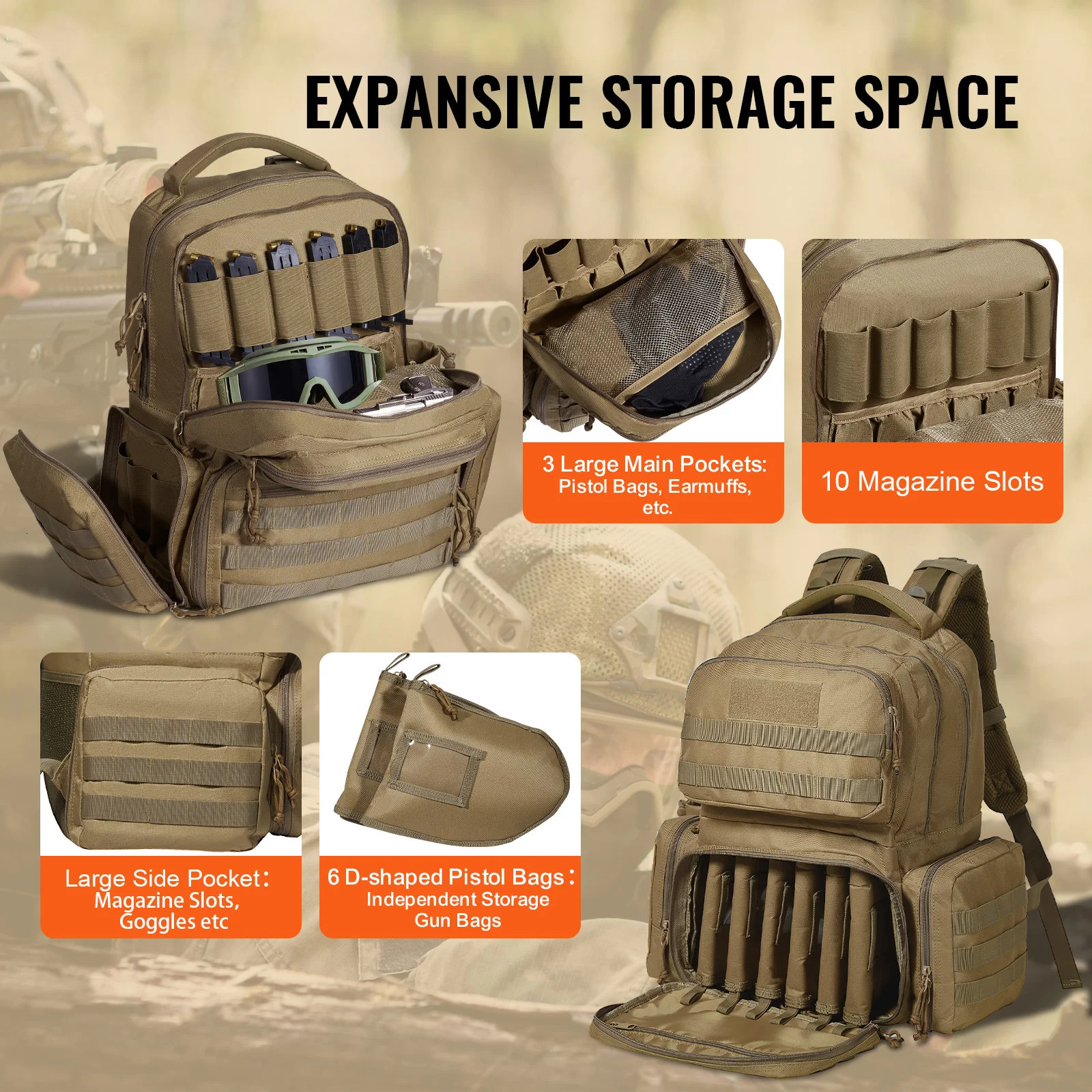 Ship from U.S. VEVOR Tactical Range Backpack 2/6 Pistols Gun Backpack with Independent Pistol Bags 6/10 Magazines Pistol Backpack for Outdoor 250227FB