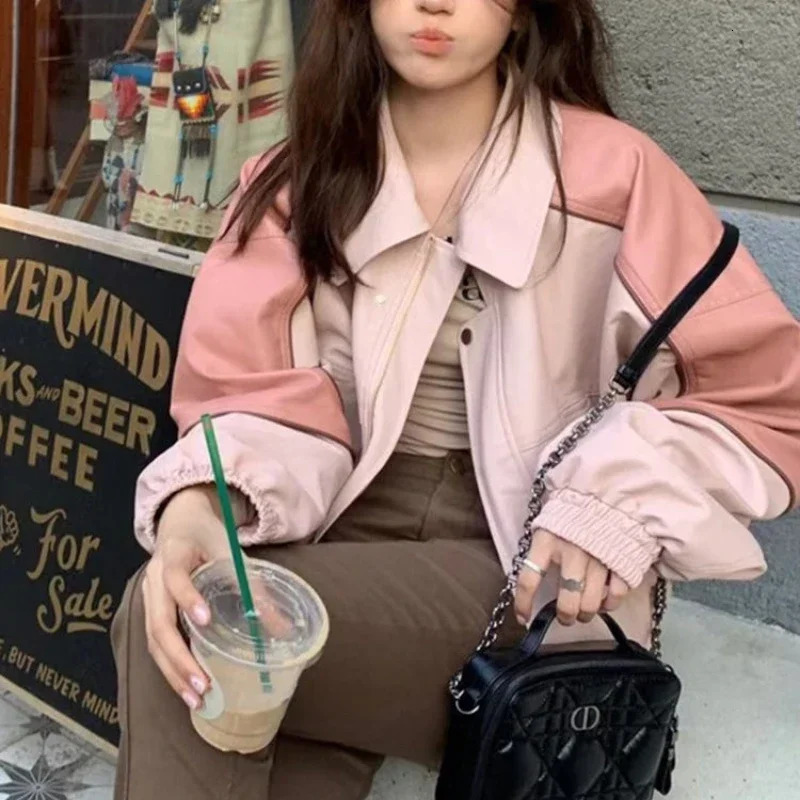Pink Casual Leather Coat for Women Spring Loose Streetwear Lapel Long Sleeve Jackets Korean Style Chic Vintage Tops 250227