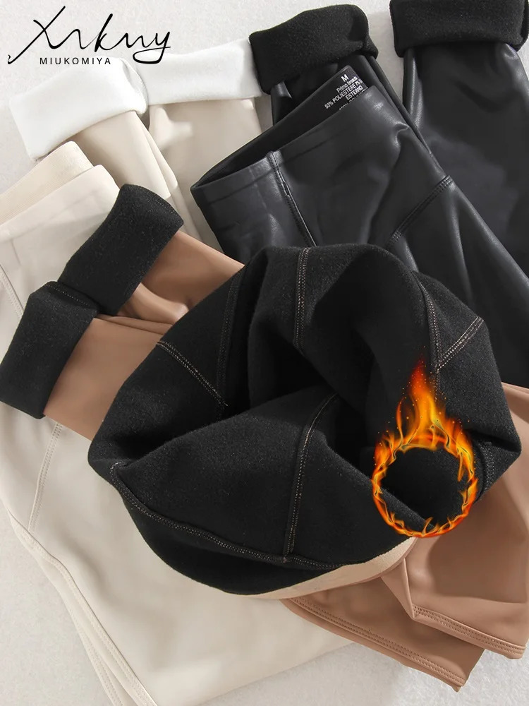 MiuKoMiYa Warm Fleece Winter Leather Pants For Women Black PU Trousers Womens Fleeced Leggings 250227