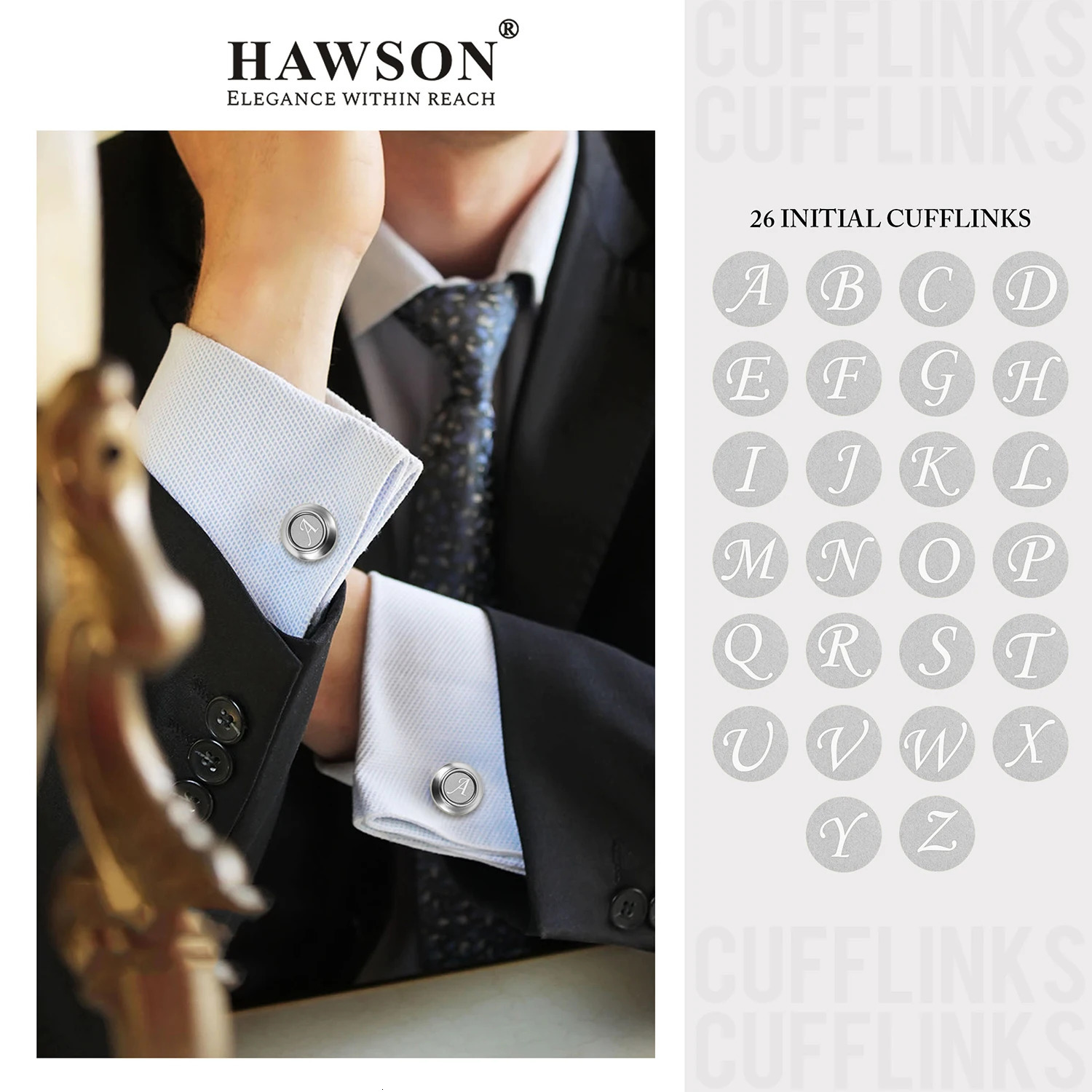 Hawson Classic Metal Mens Cufflinks with Initial A-Z Classic 26 Letters Cuff Links for Men Business Wedding Shirts 250227