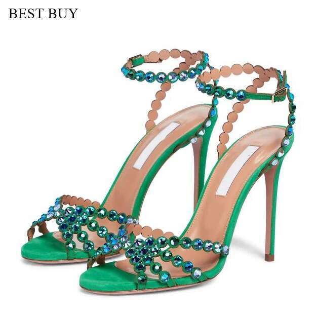 Women's green Sier peep toe Thin High Heel Rhie Sandals Embellished Ankle Strap Strappy Party Dress designer sandals