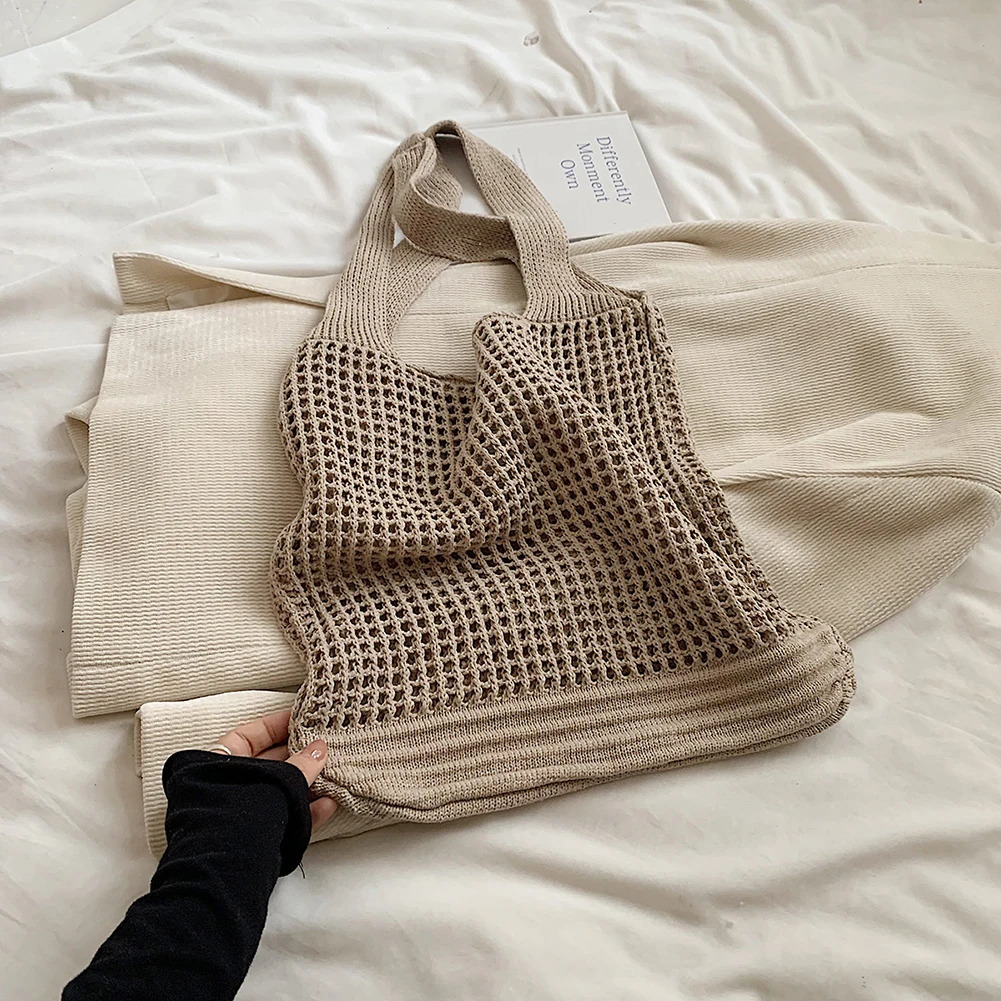 Ship from US Women Knitted Tote Bag Crochet Shoulder with Flower Decor Hollow Out Handbag Casual Beach Outdoor Travel 250227FBB