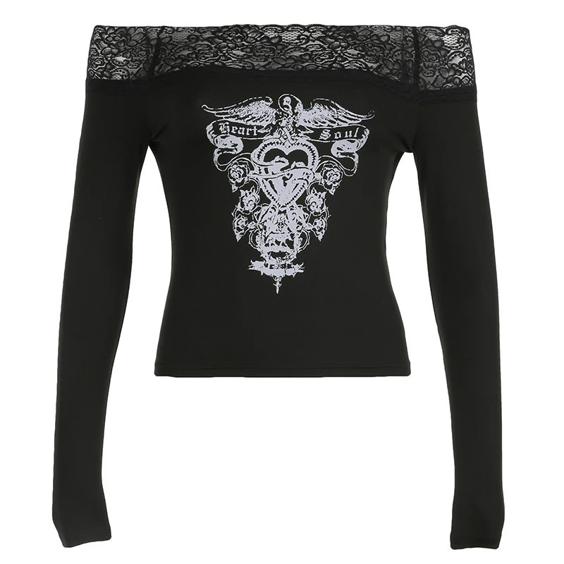 CIBBAR Gothic Print Cropped Top Black Lace Stitched Off-shoulder Slash Neck T-shirt Women Casual Autumn Tees y2k Aesthetic Shirt 250227