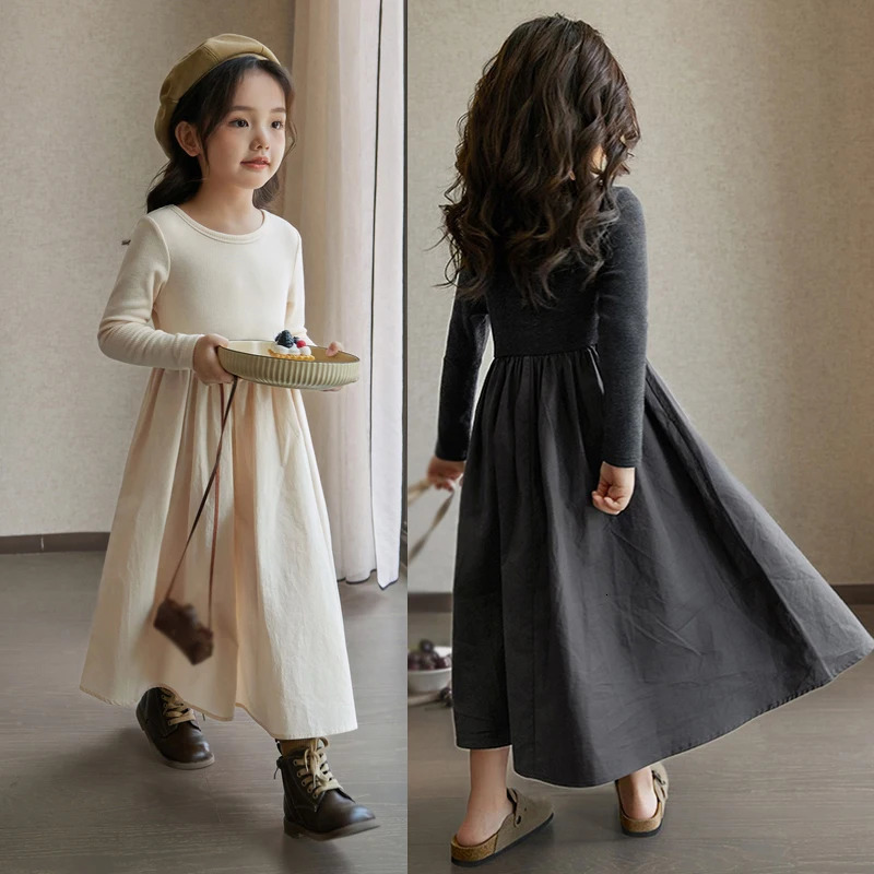Girls Knitted Patchwork Dress Childrens Round Neck Long-Sleeved Dress 3-9 Years Old Baby Dresses 250227