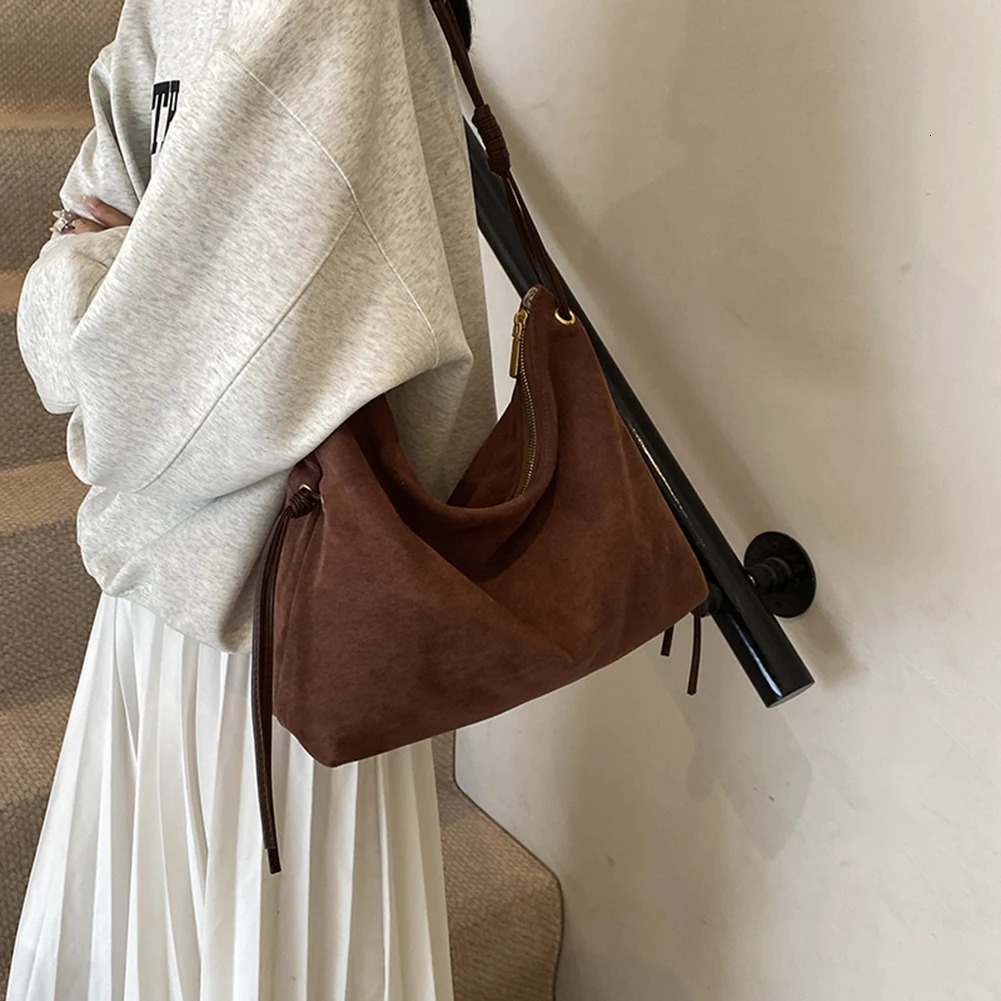 Ship from US Women Suede Shoulder Bag Adjustable Strap Messenger with Zipper Trendy Retro Handbag for Work Travel 250227FBB