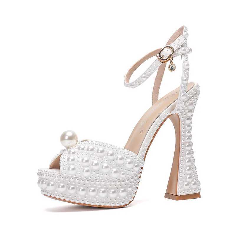 2024 Autumn New Fish High Slim Heels Shallow Mouth Water Dia Pearl Womens Single Shoes Wedding ShoesC250227