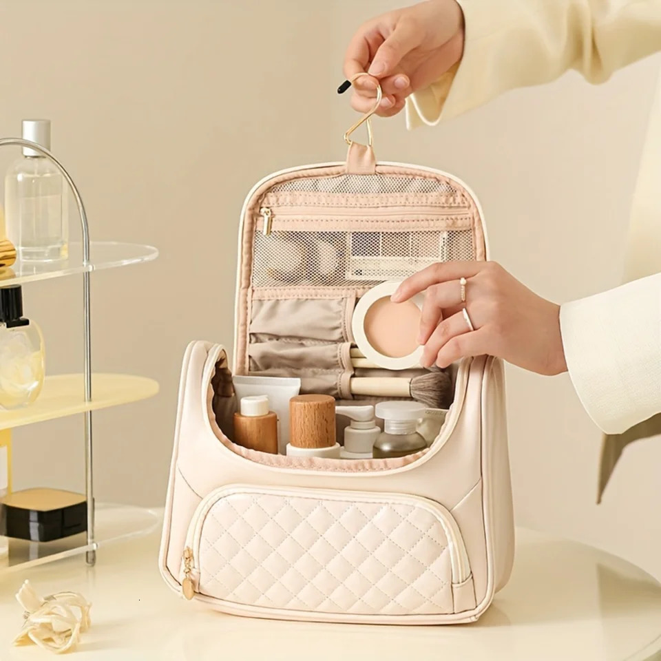Ship from US Bedding PU makeup bag with hooks portable zipper travel toilet large capacity cosmetics organizer 250227FBB