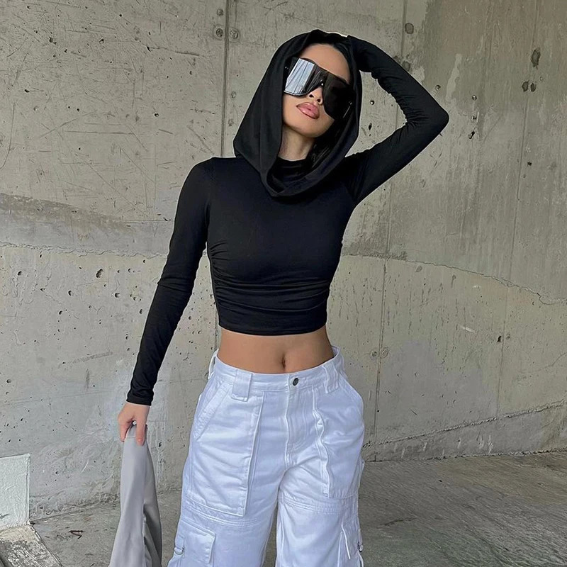 CIBBAR Solid Folding Hoodie Womens Grunge y2k Full Sleeve Tight Tshirt Harajuku Street Style Autumn Casual Retro 250226