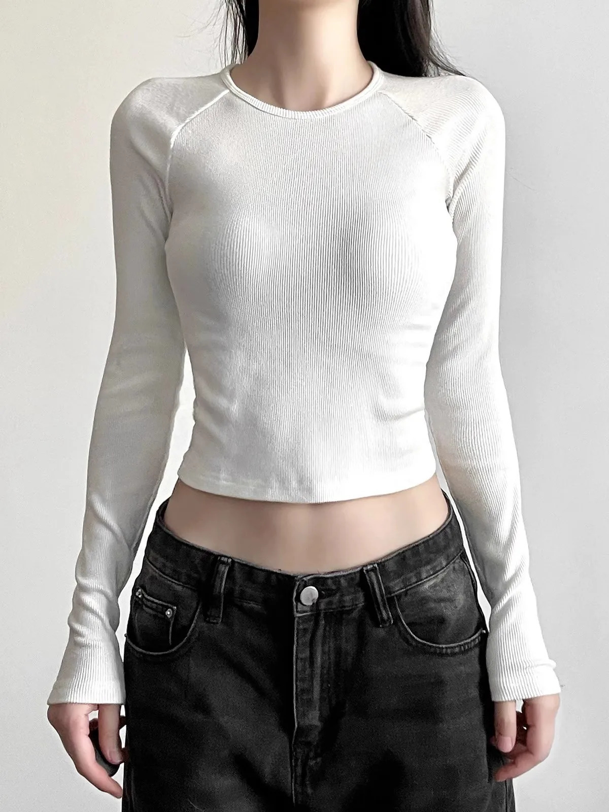 Vintage Flared Long Sleeve Corset Crop Tops Womens Aesthetic Grunge Printed Tees Gothic Round neck Tshirts Y2K Street 250226