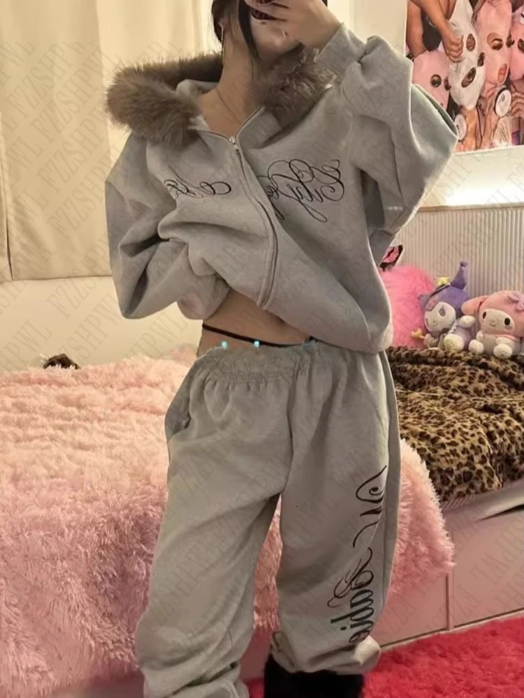 Y2K Harajuku aesthetics women men autumn winter fur collar hoodie chic longsleeved cardigan oversize sweatshirt rock streetwear 250226
