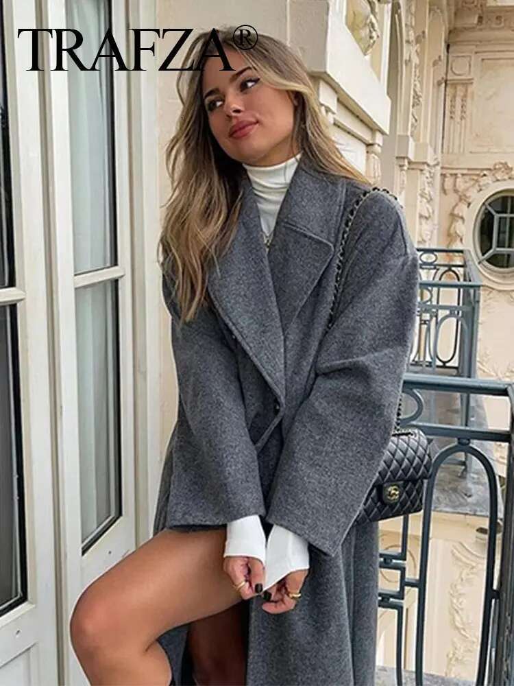 TRAFZA Winter Coat For Women 2024 Solid Lapel Double Breasted Long Cardigan Top Female Pokcet Streetwear Woman New In Outercoat