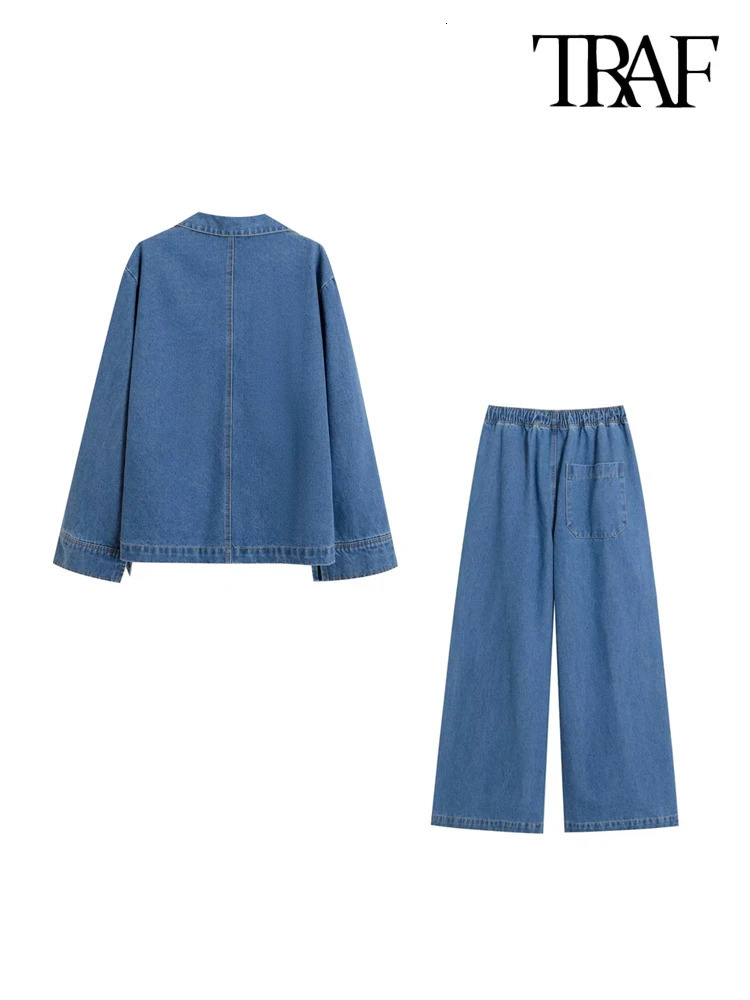 TRAF Women Fahion With Pockets Denim Loose Shirts And High Elastic Waist Drawstrings Wide Leg Pants Female Two Piece Sets 250226