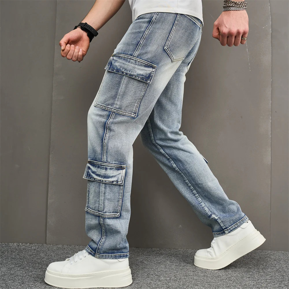 Fashionable retro multi pocket mens cargo jeans mens Trouser high-quality loose solid casual jeans 250226