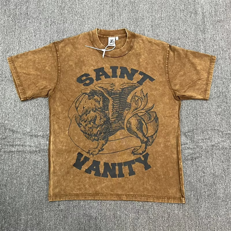 High quality retro khaki T-shirt pure cotton loose round neck T-shirt men clothing