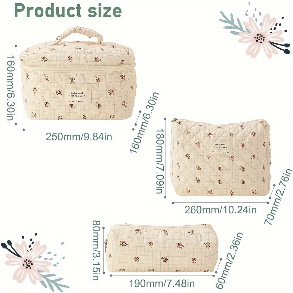 Ship from US 3Pcs Cotton Quilted Makeup Bag Coquette Large Travel Cosmetic Aesthetic Cute Kawaii Floral Toiletry 250227FBB