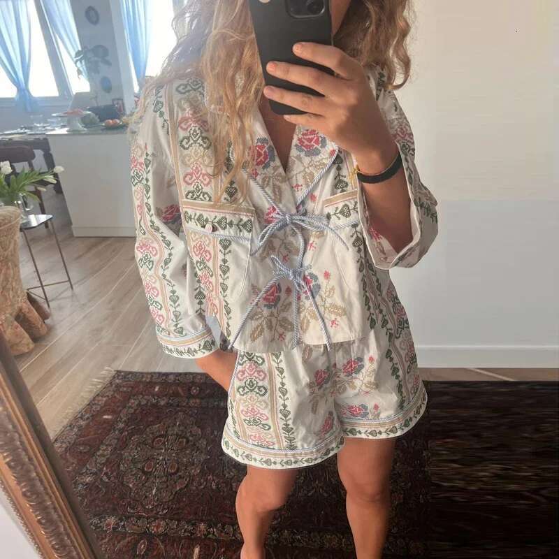 Haruku Fashion Ral Print Short Sets Women Spring Turn-Down Collar Lace-Up Bowknot Suit Autumn Long Sleeve Two Piece Outfits