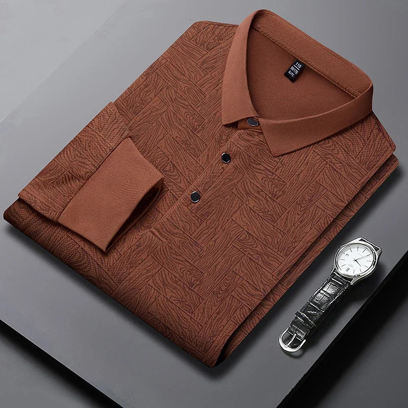 Mens business casual long sleeved solid color polo shirt fashionable breathable and comfortable Versatile top 250225