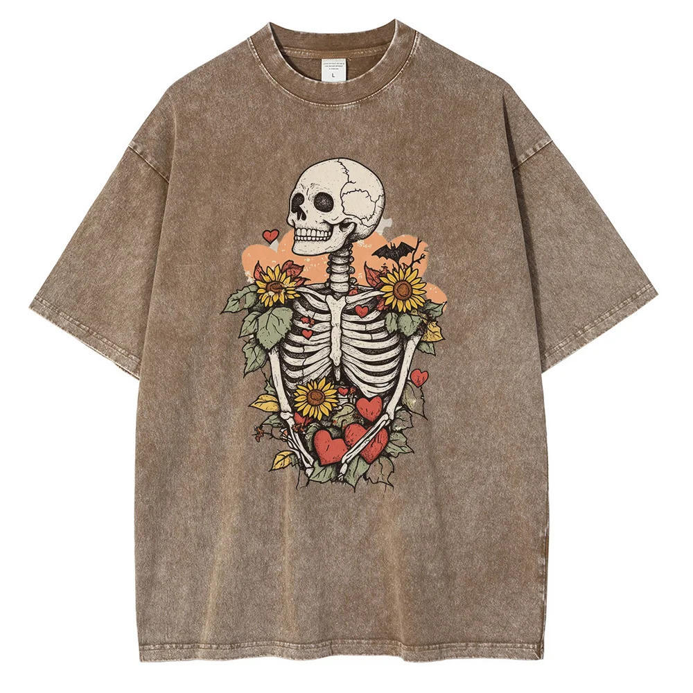 Heavyweight Cotton T Shirts Cute Skeleton Graphic Distressed Washed T Shirt Drop Shoulder Retro Gothic Oversized Tops 250226