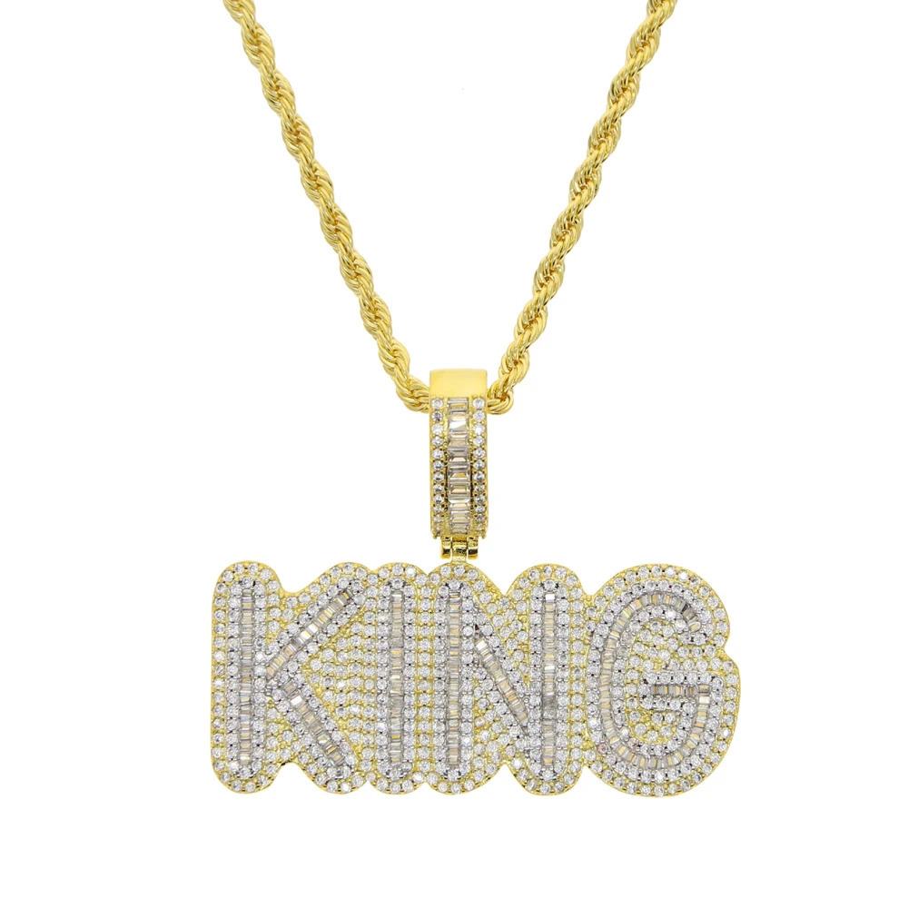 Mens Hip Hop KING Letters Pendant Necklace With 3mm Rope Chain Arrive Iced Out Bling HipHop Rock Male Charm Jewelry 250227