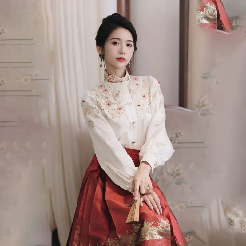 Chinese Style Modified Hanfu Exquisite Embroidery Beading Wedding Party Shirt Women Retro Stand-up Collar Double-breasted Top 250226
