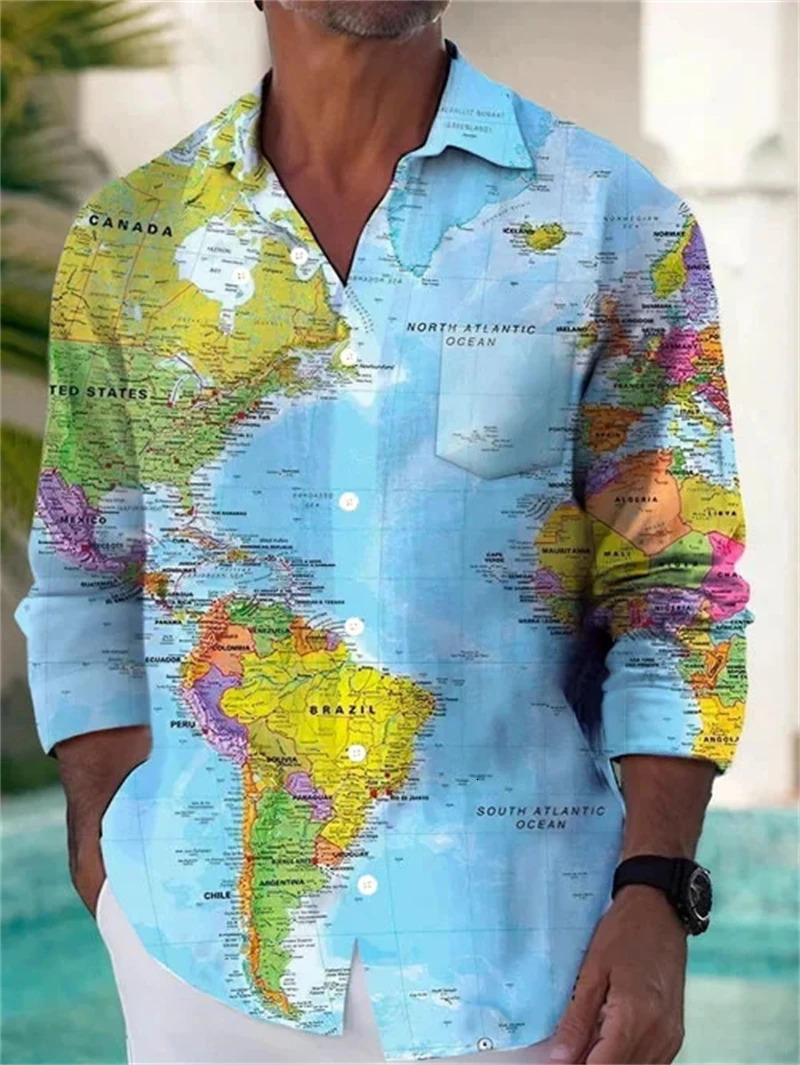 Fashion Earth Map Graphic Shirt Mens Street Style Casual Neutral Retro 3D World Printed Long Sleeve ner Clothing 250226